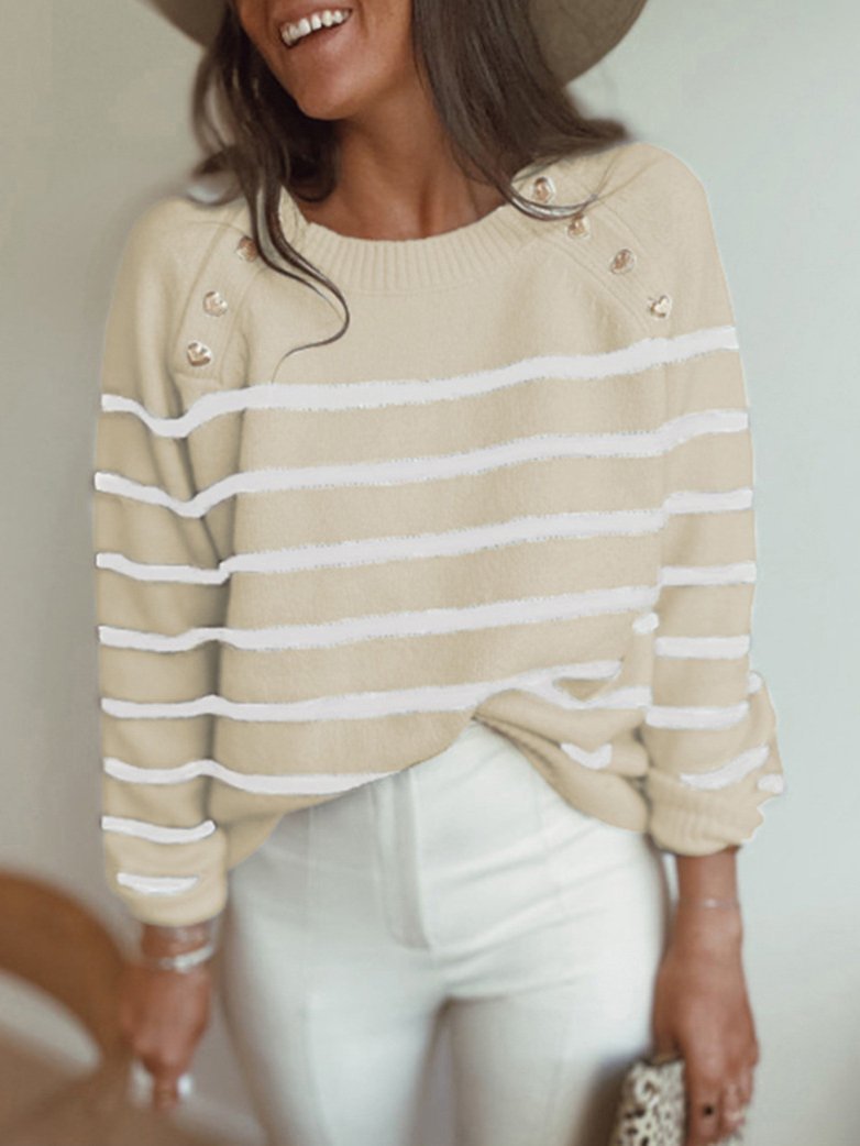 Women's Sweaters Striped Pullover Shoulder Button Knitted Sweater - Cardigans & Sweaters - INS | Online Fashion Free Shipping Clothing, Dresses, Tops, Shoes - 04/11/2021 - 30-40 - Cardigans & Sweaters