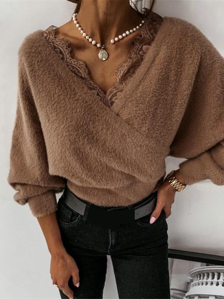 Women's Sweaters Sweet Lace V-Neck Long Sleeve Sweater - Cardigans & Sweaters - INS | Online Fashion Free Shipping Clothing, Dresses, Tops, Shoes - 30/09/2021 - Cardigans & Sweaters - Color_Brown