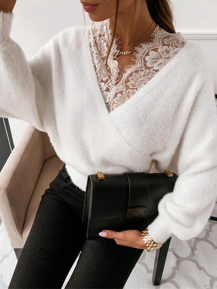 Women's Sweaters Sweet Lace V-Neck Long Sleeve Sweater - Cardigans & Sweaters - INS | Online Fashion Free Shipping Clothing, Dresses, Tops, Shoes - 30/09/2021 - Cardigans & Sweaters - Color_Brown