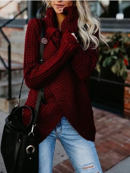 Women's Sweaters Turtleneck Button Long Sleeve Irregular Knit Sweater - Cardigans & Sweaters - INS | Online Fashion Free Shipping Clothing, Dresses, Tops, Shoes - 02/11/2021 - 20-30 - Cardigans & Sweaters