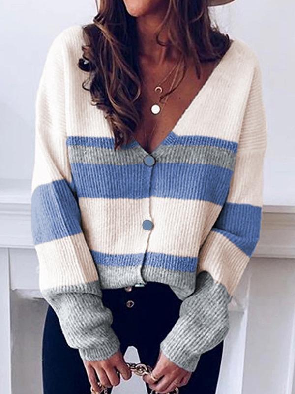 Women's Sweaters V-Neck Button Stripe Stitching Sweater Cardigan - Cardigans & Sweaters - INS | Online Fashion Free Shipping Clothing, Dresses, Tops, Shoes - 27/09/2021 - 30-40 - Cardigans & Sweaters