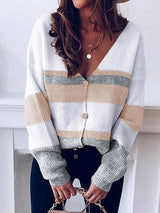 Women's Sweaters V-Neck Button Stripe Stitching Sweater Cardigan - Cardigans & Sweaters - INS | Online Fashion Free Shipping Clothing, Dresses, Tops, Shoes - 27/09/2021 - 30-40 - Cardigans & Sweaters