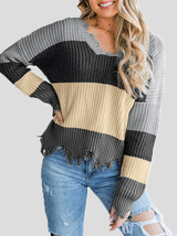 Women's Sweaters V-Neck Contrast Striped Fringe Long Sleeve Sweater - Cardigans & Sweaters - INS | Online Fashion Free Shipping Clothing, Dresses, Tops, Shoes - 23/10/2021 - 30-40 - Cardigans & Sweaters