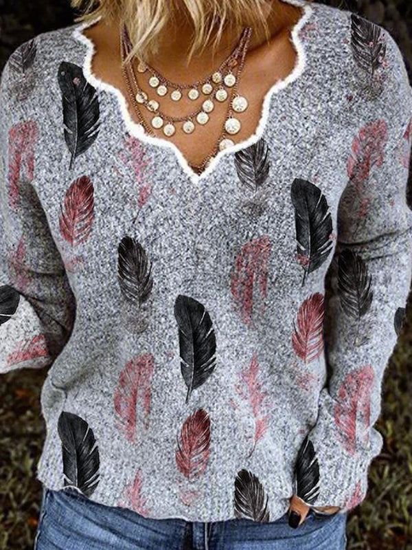 Women's Sweaters V-Neck Feather Print Long Sleeve Sweater - Cardigans & Sweaters - INS | Online Fashion Free Shipping Clothing, Dresses, Tops, Shoes - 20-30 - 26/08/2021 - Cardigans & Sweaters