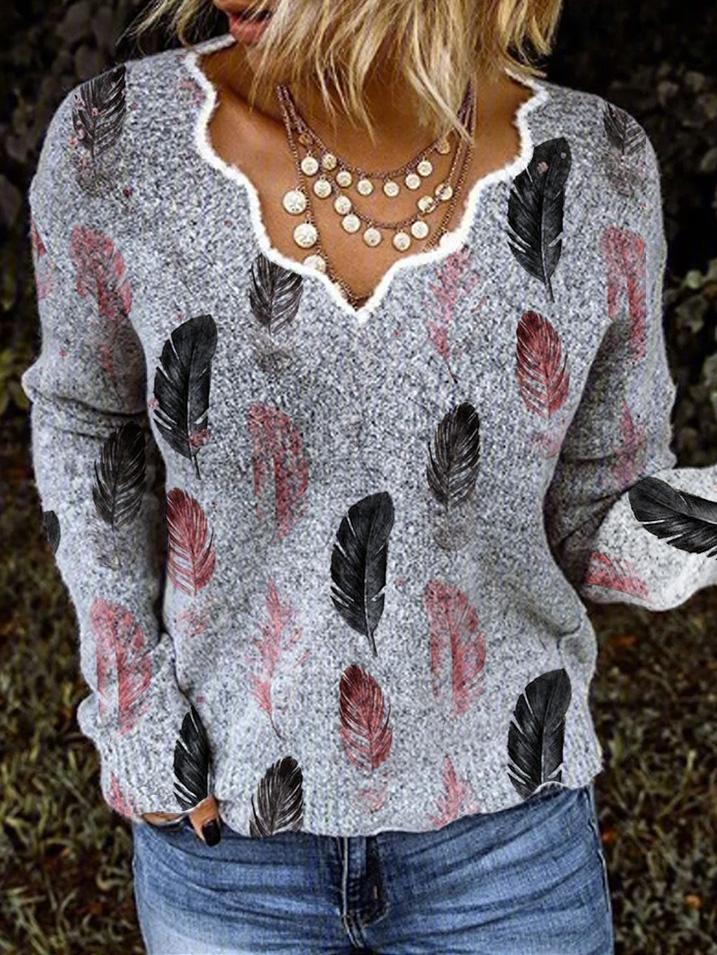 Women's Sweaters V-Neck Feather Print Long Sleeve Sweater - Cardigans & Sweaters - INS | Online Fashion Free Shipping Clothing, Dresses, Tops, Shoes - 20-30 - 26/08/2021 - Cardigans & Sweaters