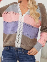 Women's Sweaters V-Neck Hollow Long Sleeve Striped Lace Sweater - Cardigans & Sweaters - INS | Online Fashion Free Shipping Clothing, Dresses, Tops, Shoes - 03/09/2021 - 30-40 - Cardigans & Sweaters