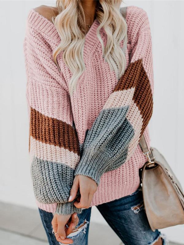 Women's Sweaters V-Neck Lantern Sleeve Striped Sweater - Cardigans & Sweaters - INS | Online Fashion Free Shipping Clothing, Dresses, Tops, Shoes - 15/10/2021 - Cardigans & Sweaters - Color_Black