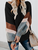 Women's Sweaters V-Neck Lantern Sleeve Striped Sweater - Cardigans & Sweaters - INS | Online Fashion Free Shipping Clothing, Dresses, Tops, Shoes - 15/10/2021 - Cardigans & Sweaters - Color_Black