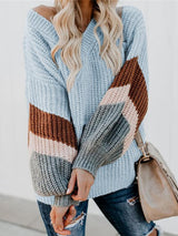 Women's Sweaters V-Neck Lantern Sleeve Striped Sweater - Cardigans & Sweaters - INS | Online Fashion Free Shipping Clothing, Dresses, Tops, Shoes - 15/10/2021 - Cardigans & Sweaters - Color_Black