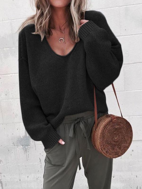 Women's Sweaters V-Neck Long Sleeve Solid Loose Knit Sweater - Cardigans & Sweaters - INS | Online Fashion Free Shipping Clothing, Dresses, Tops, Shoes - 18/09/2021 - 20-30 - Cardigans & Sweaters