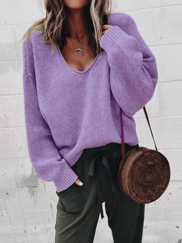 Women's Sweaters V-Neck Long Sleeve Solid Loose Knit Sweater - Cardigans & Sweaters - INS | Online Fashion Free Shipping Clothing, Dresses, Tops, Shoes - 18/09/2021 - 20-30 - Cardigans & Sweaters