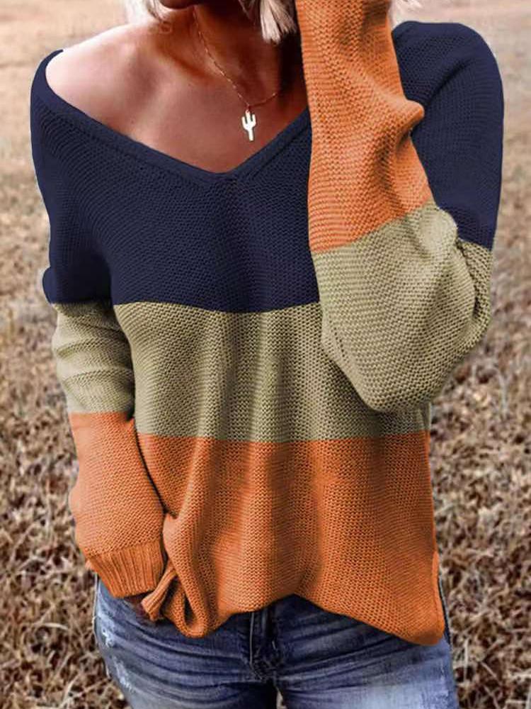 Women's Sweaters V-Neck Long Sleeve Striped Knitted Sweater - Cardigans & Sweaters - INS | Online Fashion Free Shipping Clothing, Dresses, Tops, Shoes - 19/10/2021 - 30-40 - Cardigans & Sweaters