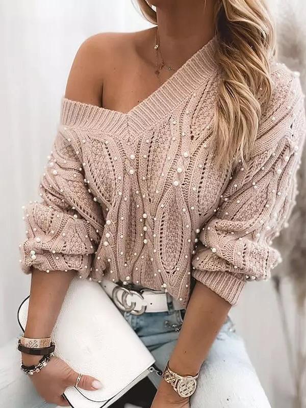 Women's Sweaters V-Neck Pullover Beaded Long Sleeve Sweater - Cardigans & Sweaters - INS | Online Fashion Free Shipping Clothing, Dresses, Tops, Shoes - 26/08/2021 - 30-40 - Cardigans & Sweaters