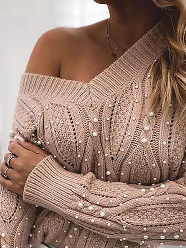 Women's Sweaters V-Neck Pullover Beaded Long Sleeve Sweater - Cardigans & Sweaters - INS | Online Fashion Free Shipping Clothing, Dresses, Tops, Shoes - 26/08/2021 - 30-40 - Cardigans & Sweaters