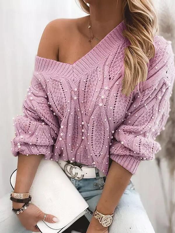 Women's Sweaters V-Neck Pullover Beaded Long Sleeve Sweater - Cardigans & Sweaters - INS | Online Fashion Free Shipping Clothing, Dresses, Tops, Shoes - 26/08/2021 - 30-40 - Cardigans & Sweaters