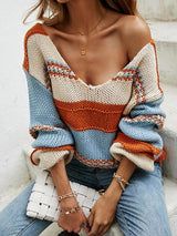 Women's Sweaters V-Neck Stripes Lazy Long Sleeve Sweater - Cardigans & Sweaters - INS | Online Fashion Free Shipping Clothing, Dresses, Tops, Shoes - 1/11/2021 - 30-40 - Cardigans & Sweaters