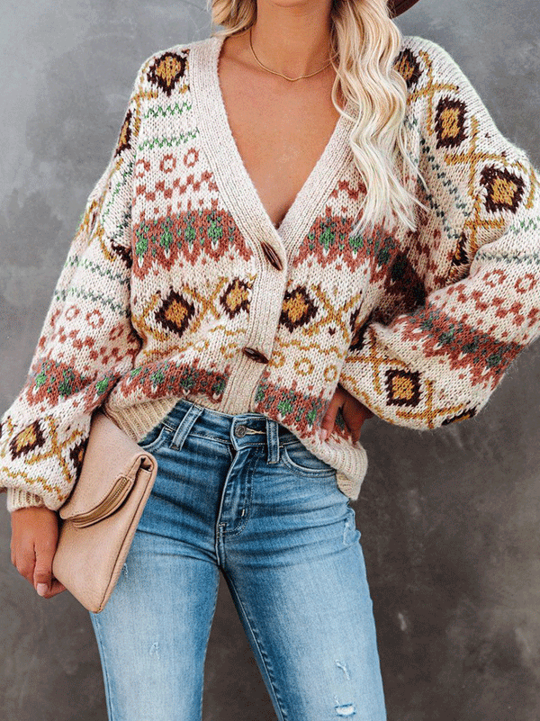 Women's Sweaters Vintage Printed V-Neck Button Cardigan Sweater - Cardigans & Sweaters - INS | Online Fashion Free Shipping Clothing, Dresses, Tops, Shoes - 21/10/2021 - 30-40 - Cardigans & Sweaters