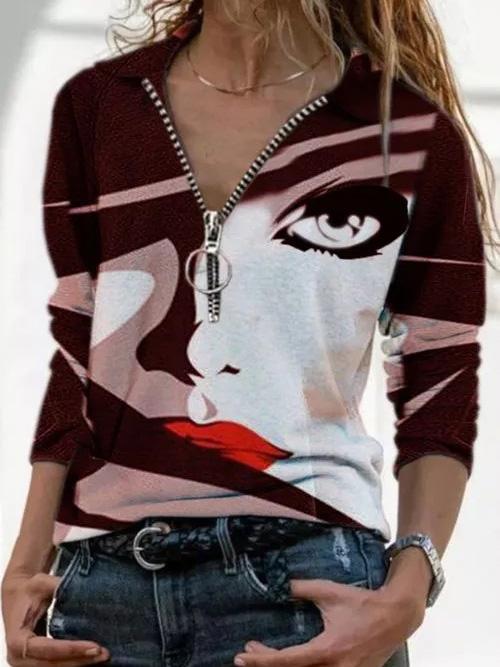 Women's T-Shirts Abstract Character Print V-Neck Long Sleeve T-Shirt - T-Shirts - INS | Online Fashion Free Shipping Clothing, Dresses, Tops, Shoes - 01/09/2021 - 10-20 - Category_T-Shirts