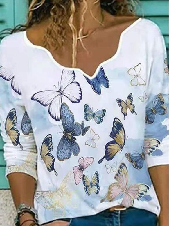 Women's T-Shirts Butterfly Print Featured Design Neckline Long Sleeve T-Shirt - T-Shirts - INS | Online Fashion Free Shipping Clothing, Dresses, Tops, Shoes - 01/09/2021 - 20-30 - Category_T-Shirts