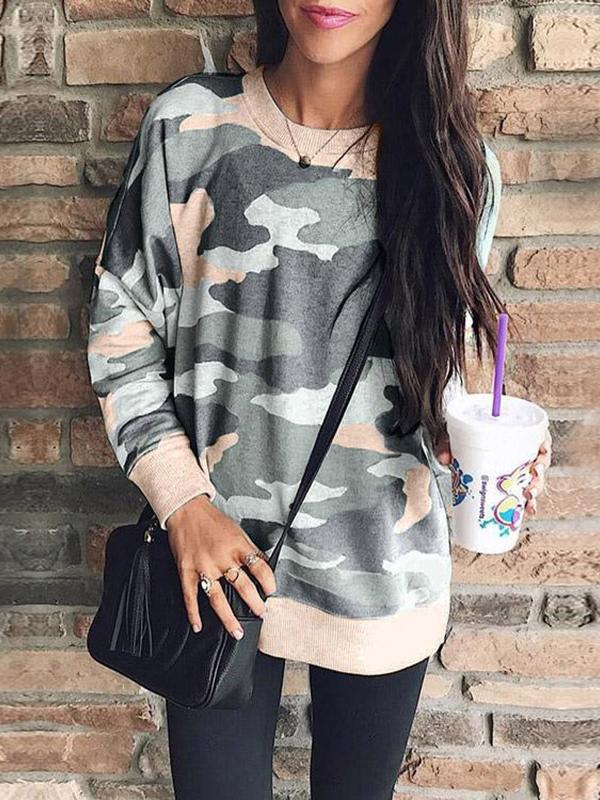 Women's T-Shirts Camouflage Round Neck Long Sleeve T-Shirt - T-Shirts - INS | Online Fashion Free Shipping Clothing, Dresses, Tops, Shoes - 15/10/2021 - Color_Blue - Color_Gray