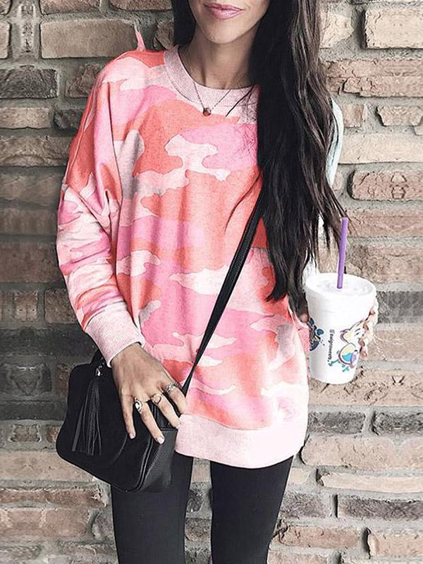 Women's T-Shirts Camouflage Round Neck Long Sleeve T-Shirt - T-Shirts - INS | Online Fashion Free Shipping Clothing, Dresses, Tops, Shoes - 15/10/2021 - Color_Blue - Color_Gray
