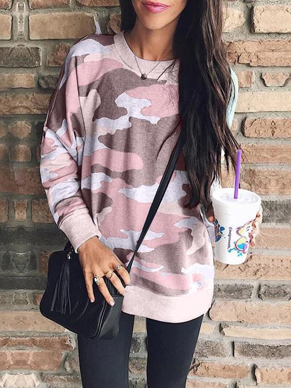 Women's T-Shirts Camouflage Round Neck Long Sleeve T-Shirt - T-Shirts - INS | Online Fashion Free Shipping Clothing, Dresses, Tops, Shoes - 15/10/2021 - Color_Blue - Color_Gray