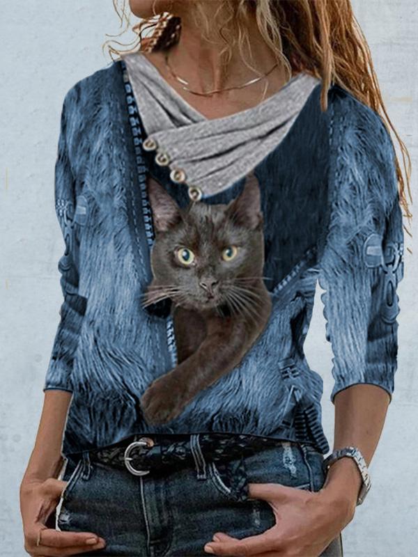 Women's T-Shirts Casual Pile Collar Cat Print Long Sleeve Pullover T-Shirts - T-Shirts - INS | Online Fashion Free Shipping Clothing, Dresses, Tops, Shoes - 02/09/2021 - 20-30 - Category_T-Shirts