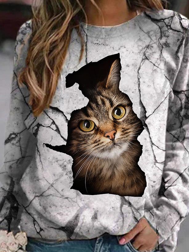 Women's T-Shirts Cat Print Round Neck Long Sleeve T-Shirts - T-Shirts - INS | Online Fashion Free Shipping Clothing, Dresses, Tops, Shoes - 10/09/2021 - 20-30 - Category_T-Shirts