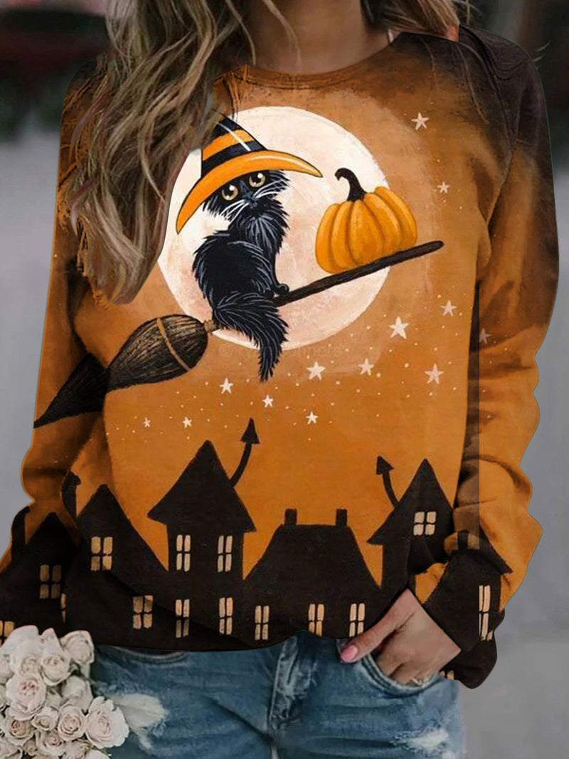 Women's T-Shirts Cat Pumpkin Round Neck Long Sleeve T-Shirts - T-Shirts - INS | Online Fashion Free Shipping Clothing, Dresses, Tops, Shoes - 20-30 - 22/09/2021 - color-blue