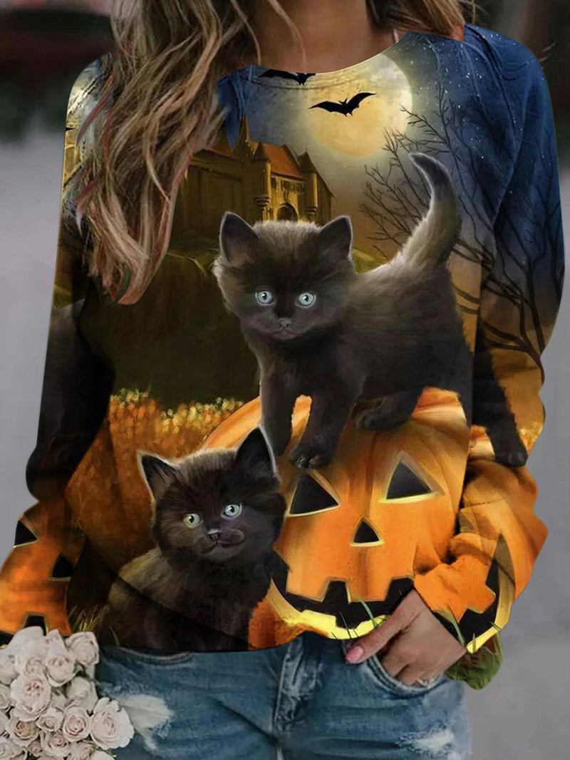 Women's T-Shirts Cat Pumpkin Round Neck Long Sleeve T-Shirts - T-Shirts - INS | Online Fashion Free Shipping Clothing, Dresses, Tops, Shoes - 20-30 - 22/09/2021 - color-blue