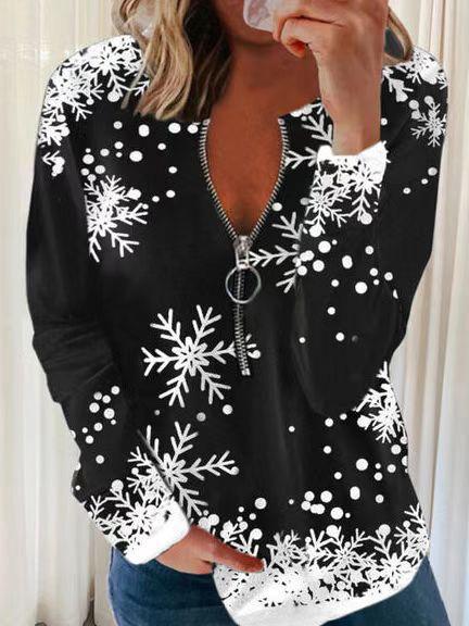 Women's T-Shirts Christmas Snowflake Zipper V-Neck Long Sleeve T-Shirt - T-Shirts - Instastyled | Online Fashion Free Shipping Clothing, Dresses, Tops, Shoes - 02/12/2021 - 20-30 - color-black