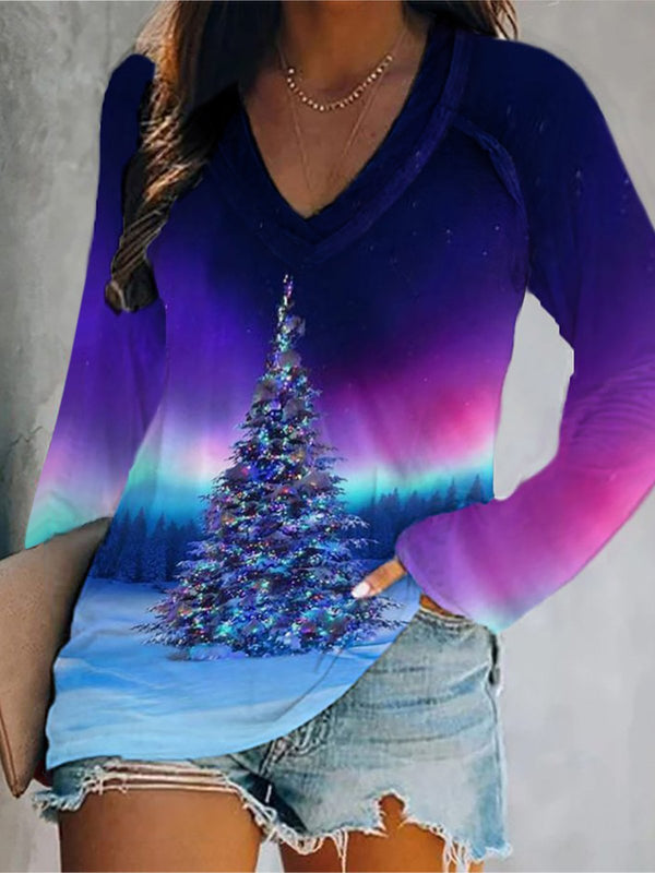 Women's T-Shirts Christmas Tree Print V-Neck Pullover Long Sleeve T-Shirt - T-Shirts - INS | Online Fashion Free Shipping Clothing, Dresses, Tops, Shoes - 20-30 - 23/11/2021 - color-orange