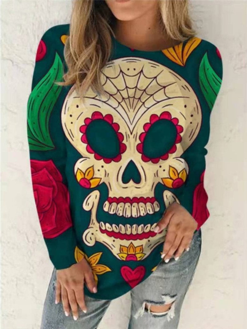 Women's T-Shirts Crew Neck Skull Print Long Sleeve T-Shirt - T-Shirts - INS | Online Fashion Free Shipping Clothing, Dresses, Tops, Shoes - 13/09/2021 - 20-30 - Category_T-Shirts