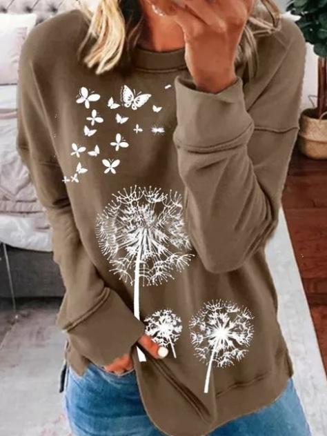 Women's T-Shirts Dandelion Butterfly Print Round Neck Long Sleeve T-Shirts - T-Shirts - INS | Online Fashion Free Shipping Clothing, Dresses, Tops, Shoes - 10/09/2021 - 20-30 - Category_T-Shirts