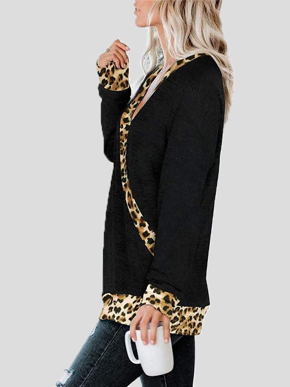 Women's T-Shirts Deep V-neck Leopard Print Long Sleeve T-Shirt - T-Shirts - INS | Online Fashion Free Shipping Clothing, Dresses, Tops, Shoes - 10-20 - 27/10/2021 - color-black