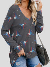 Women's T-Shirts Double Side Zipper V-Neck Printed Long Sleeve T-Shirt - T-Shirts - INS | Online Fashion Free Shipping Clothing, Dresses, Tops, Shoes - 20-30 - 22/11/2021 - color-blue