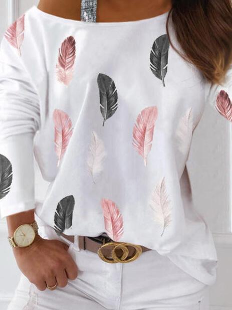 Women's T-Shirts Feather Print Long Sleeve Off-Shoulder T-Shirt - T-Shirts - INS | Online Fashion Free Shipping Clothing, Dresses, Tops, Shoes - 16/09/2021 - 20-30 - Category_T-Shirts