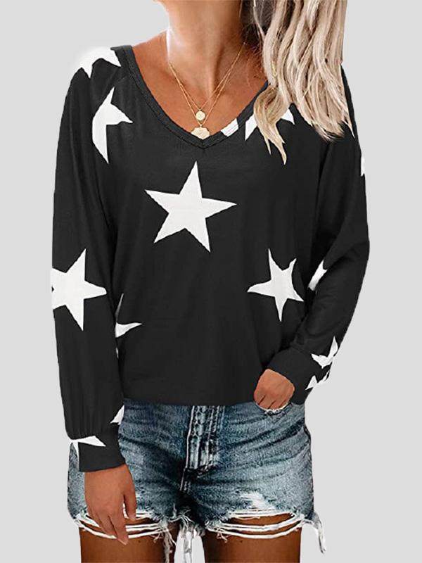 Women's T-Shirts Five-Pointed Star Print V-Neck Long Sleeve T-Shirt - T-Shirts - INS | Online Fashion Free Shipping Clothing, Dresses, Tops, Shoes - 10-20 - 12/08/2021 - Category_T-Shirts