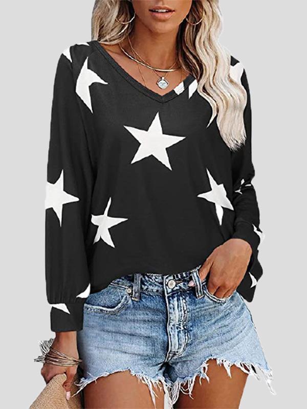 Women's T-Shirts Five-Pointed Star Print V-Neck Long Sleeve T-Shirt - T-Shirts - INS | Online Fashion Free Shipping Clothing, Dresses, Tops, Shoes - 10-20 - 12/08/2021 - Category_T-Shirts