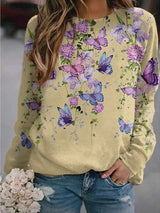 Women's T-Shirts Floral Butterfly Print Round Neck Long Sleeve T-Shirts - T-Shirts - INS | Online Fashion Free Shipping Clothing, Dresses, Tops, Shoes - 20-30 - 21/08/2021 - Category_T-Shirts