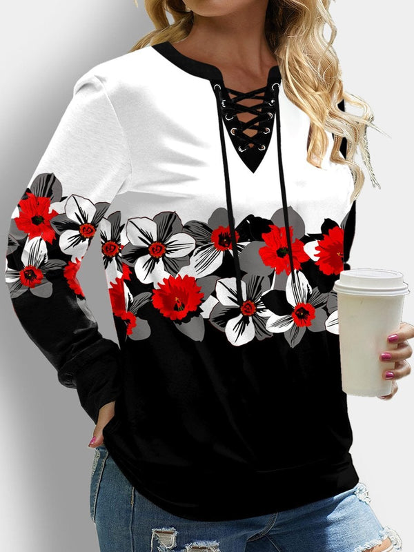 Women's T-Shirts Floral Print Belted Long Sleeve Loose T-Shirts - T-Shirts - INS | Online Fashion Free Shipping Clothing, Dresses, Tops, Shoes - 10/08/2021 - 20-30 - Category_T-Shirts