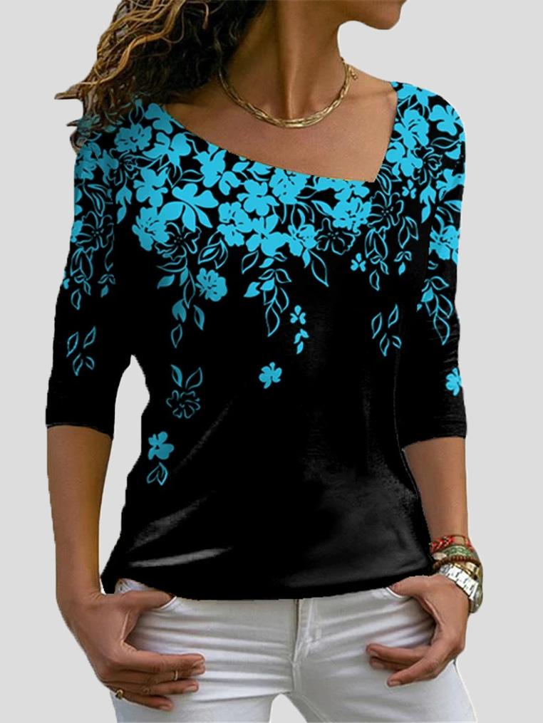 Women's T-Shirts Floral Print Big V-Neck Long Sleeve T-Shirts - T-Shirts - INS | Online Fashion Free Shipping Clothing, Dresses, Tops, Shoes - 10-20 - 17/09/2021 - Category_T-Shirts