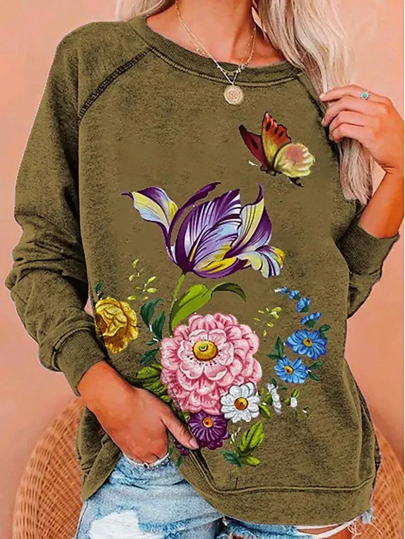 Women's T-Shirts Flower Butterfly Round Neck Long Sleeve T-Shirt - T-Shirts - INS | Online Fashion Free Shipping Clothing, Dresses, Tops, Shoes - 20-30 - 28/09/2021 - color-blue