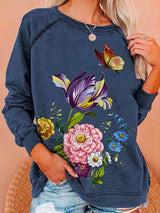 Women's T-Shirts Flower Butterfly Round Neck Long Sleeve T-Shirt - T-Shirts - INS | Online Fashion Free Shipping Clothing, Dresses, Tops, Shoes - 20-30 - 28/09/2021 - color-blue