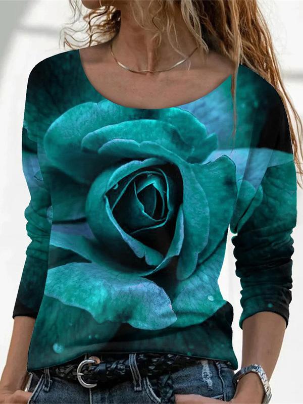 Women's T-Shirts Flower Print Round Neck Long Sleeve T-Shirt - T-Shirts - Instastyled | Online Fashion Free Shipping Clothing, Dresses, Tops, Shoes - 10/12/2021 - 20-30 - color-blue