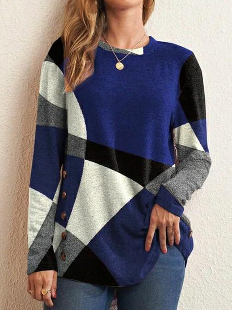 Women's T-Shirts Geometric Contrast Print Buttoned Long Sleeve T-Shirt - T-Shirts - Instastyled | Online Fashion Free Shipping Clothing, Dresses, Tops, Shoes - 20-30 - 29/12/2021 - color-blue