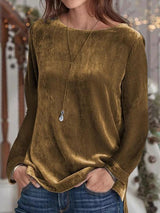 Women's T-Shirts Gold Velvet Long Sleeve Round Neck T-Shirt - T-Shirts - INS | Online Fashion Free Shipping Clothing, Dresses, Tops, Shoes - 02/09/2021 - 20-30 - Category_T-Shirts