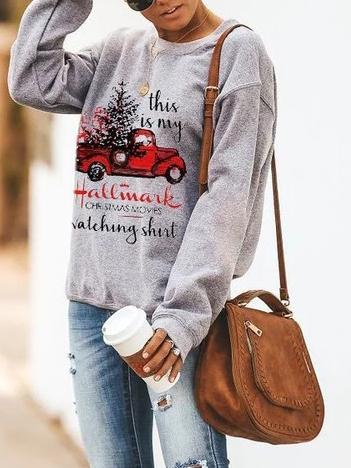 Women's T-Shirts Hallmark Print Round Neck Long Sleeve T-Shirt - T-Shirts - INS | Online Fashion Free Shipping Clothing, Dresses, Tops, Shoes - 11/11/2021 - 20-30 - color-blue