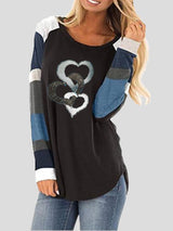 Women's T-Shirts Heart Print Contrast Stripes Round Neck Long Sleeve T-Shirt - T-Shirts - INS | Online Fashion Free Shipping Clothing, Dresses, Tops, Shoes - 13/09/2021 - 20-30 - Category_T-Shirts