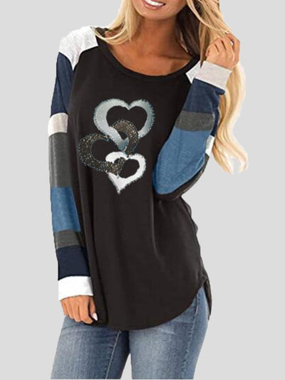 Women's T-Shirts Heart Print Contrast Stripes Round Neck Long Sleeve T-Shirt - T-Shirts - INS | Online Fashion Free Shipping Clothing, Dresses, Tops, Shoes - 13/09/2021 - 20-30 - Category_T-Shirts